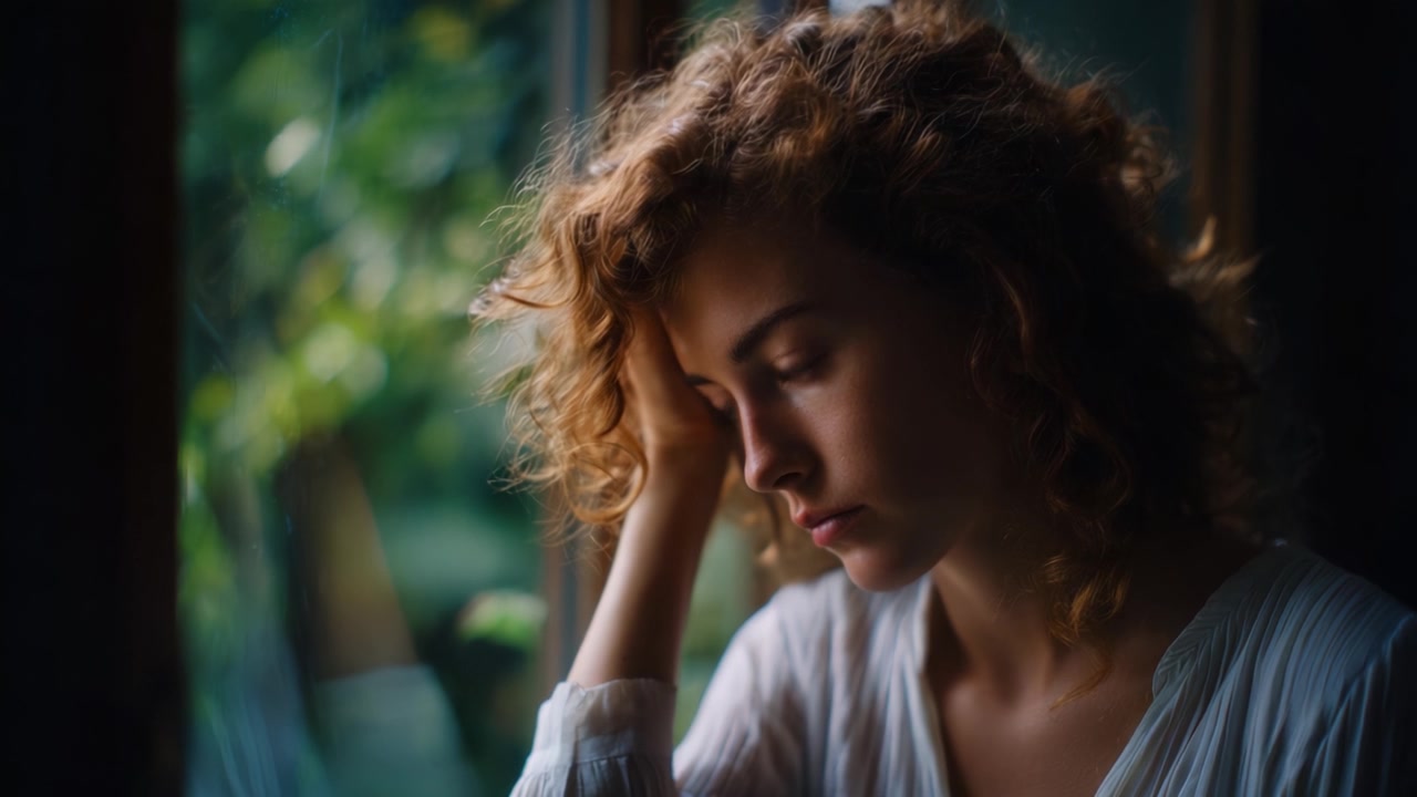 A young woman gazes thoughtfully out a window, her curly hair cascading around her face, portraying deep contemplation and a moment of introspective sadness.