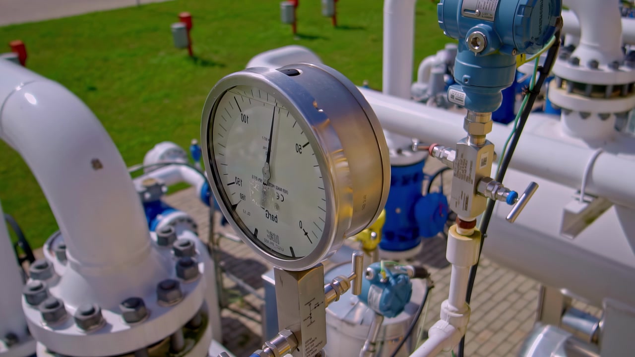 Industrial pressure gauge monitoring pipeline systems in a modern energy facility