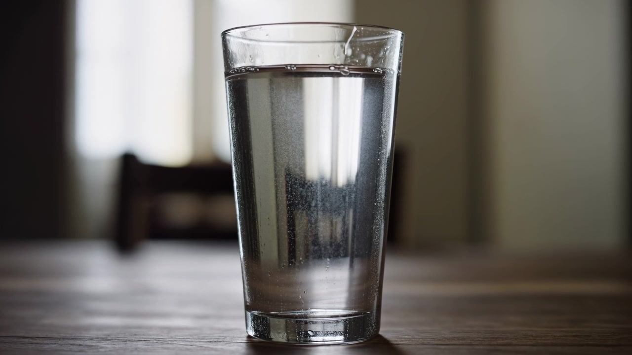 Bicchiere d'acqua trasparente su tavolo, retroilluminazione morbida crea riflessi verticali, piccole goccioline di condensa sul bordo.