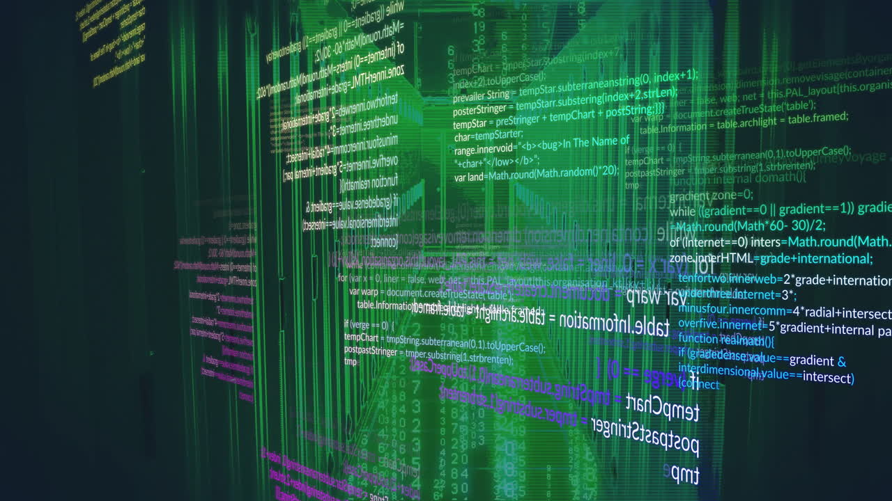 Animation of digital code and data streams flowing in green virtual environment