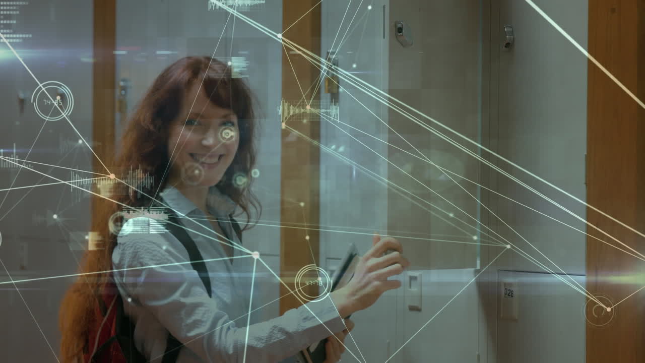 animación de la red de conexiones sobre la mujer en el pasillo