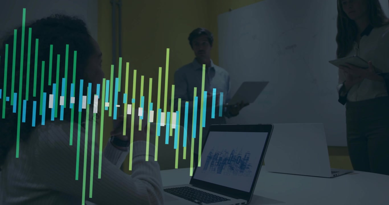 Seated woman pointing at laptop waveform, causing rising bars over business showing data trends