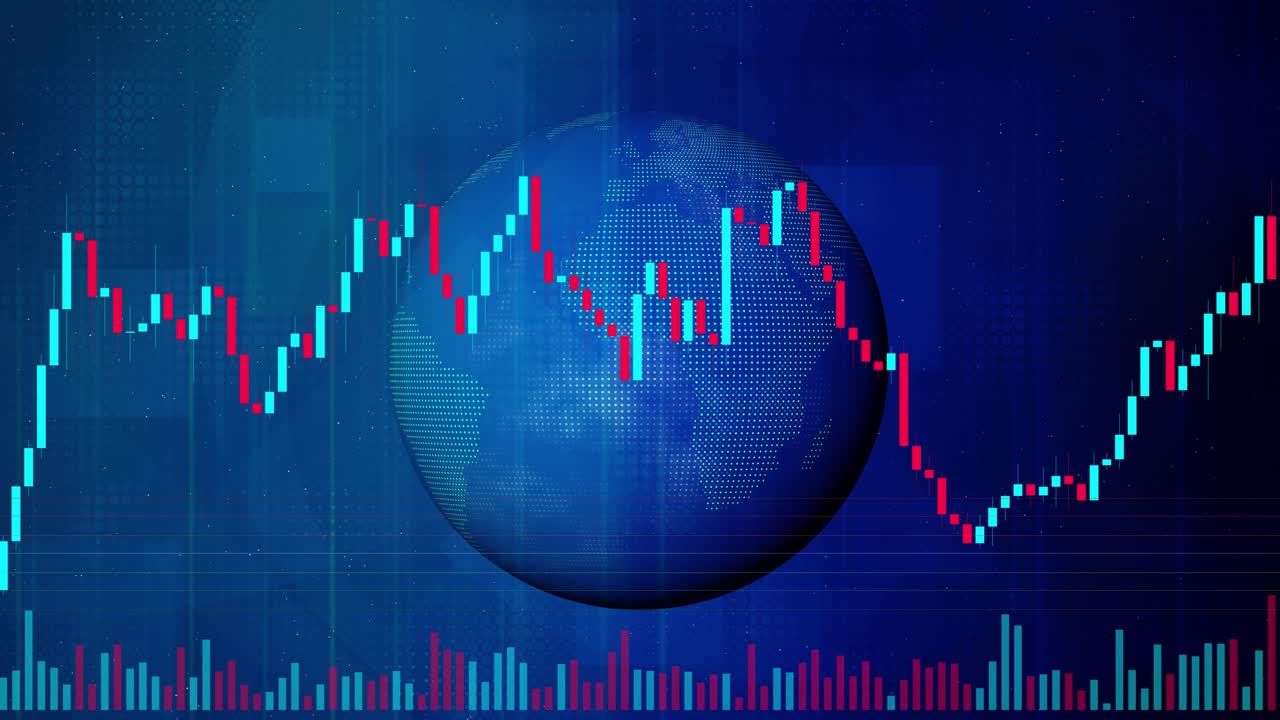 Globo digitale con grafici finanziari a candele scorrevoli, dati di trading del mercato rialzista dell'economia globale, sfondo aziendale professionale blu.