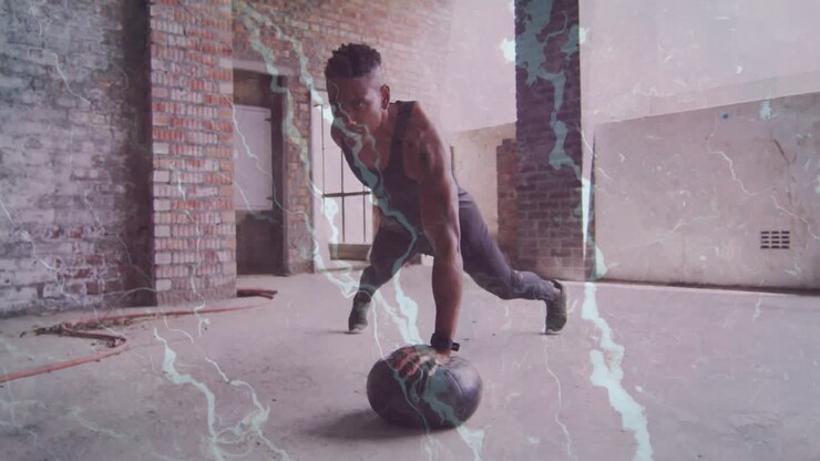 Man exercising with medicine ball, surrounded by dynamic lightning animation effects