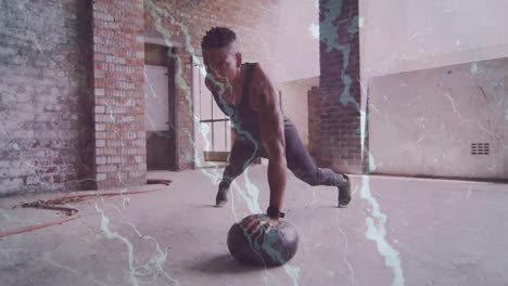 man exercising with medicine ball, surrounded by dynamic lightning animation effects