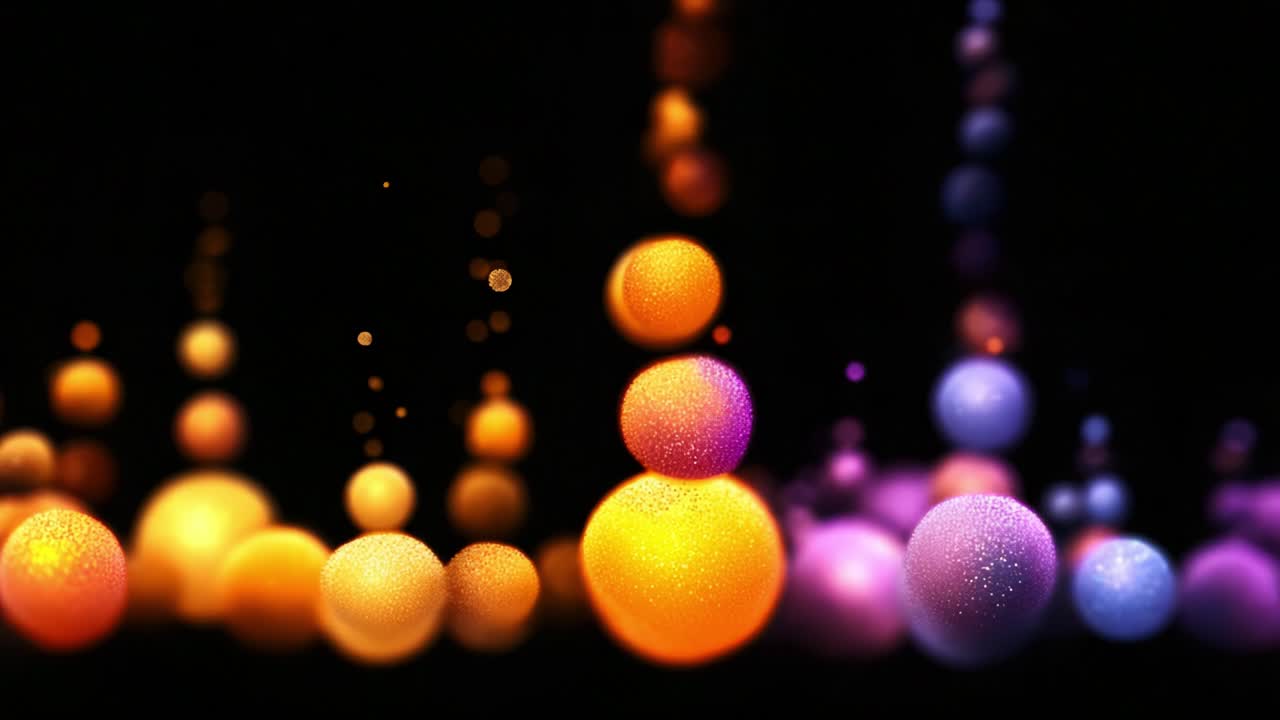 Rappresentazione artistica dinamica di sfere colorate in movimento, con colori vivaci, luminosità e profondità contrastanti, che mette in mostra il gioco di luci e ombre