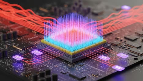 a visual exploration of advanced quantum computing technology: high-tech processor with vibrant energy flow representing data transmission and processing capacities