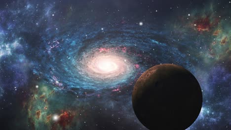 spiral galaxy with surrounding nebula clouds and planets in the universe