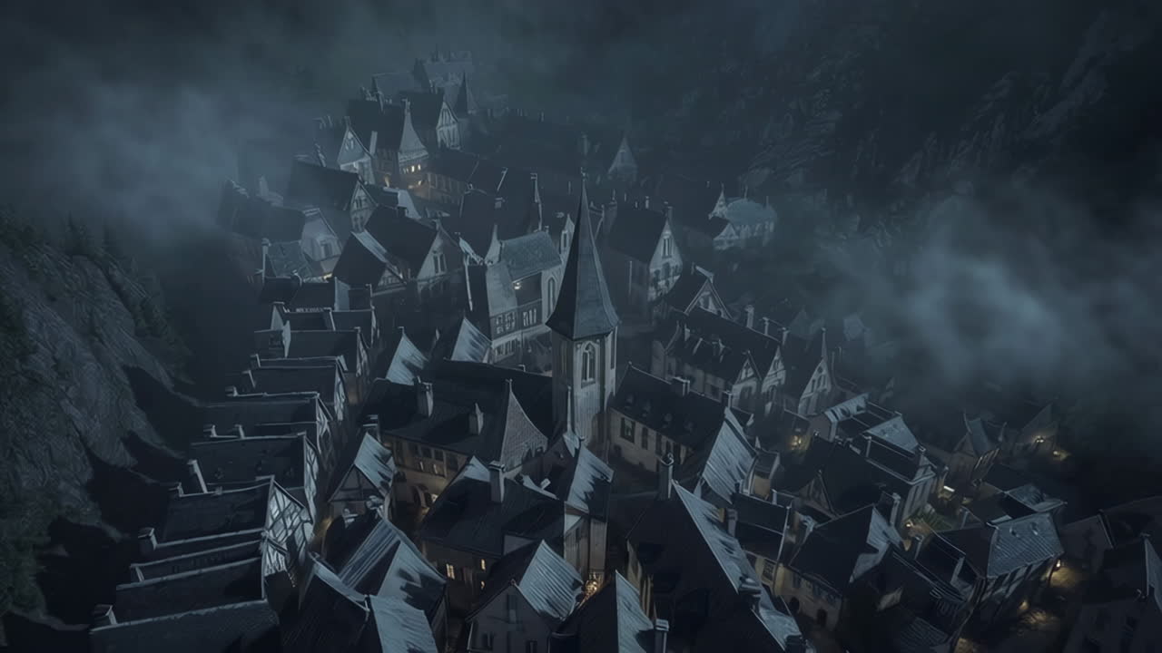 Misty Mountain Village at Night