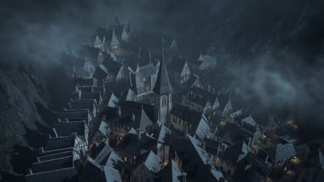 misty mountain village at night