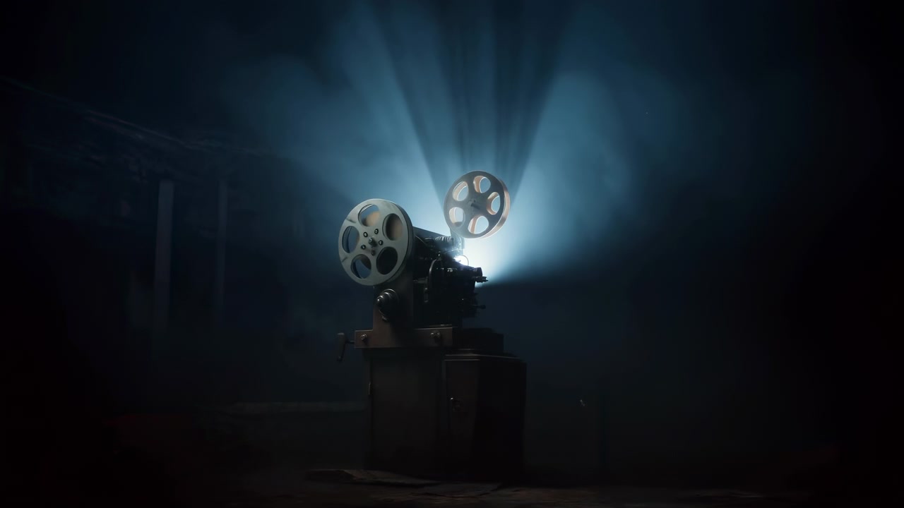Un proiettore vintage è posizionato leggermente a destra all'interno di un teatro buio, con due bobine metalliche e una lampada blu fredda che inviano forti raggi radiali attraverso una fitta foschia, vista laterale dal basso, atmosfera cinematografica suggestiva.