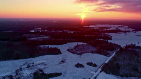 Drone-aerial-view-over-cold-winter-landscape-in-rural-landscape