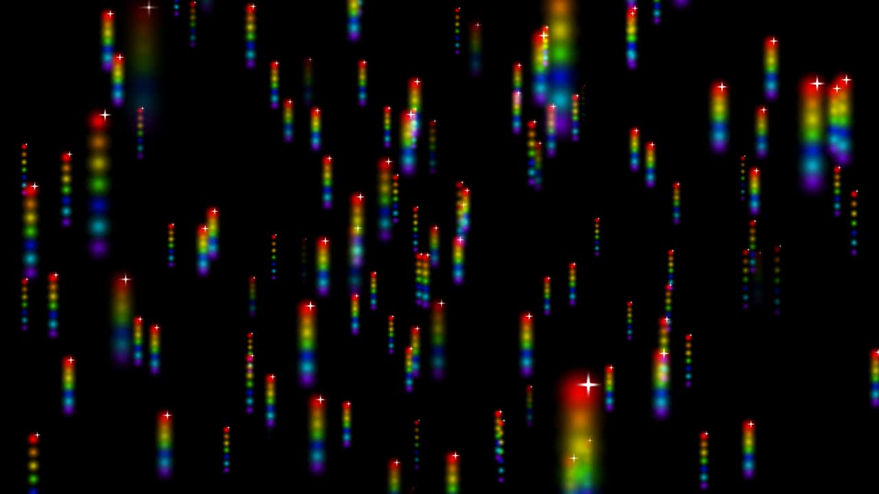 hundred particles abstract rainbow blur ball with white star element slow floating  fly and faded on black screen