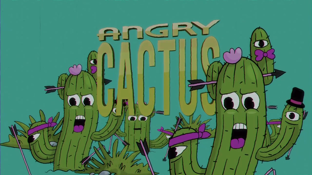 Gruppo animato di personaggi cactus arrabbiati con frecce