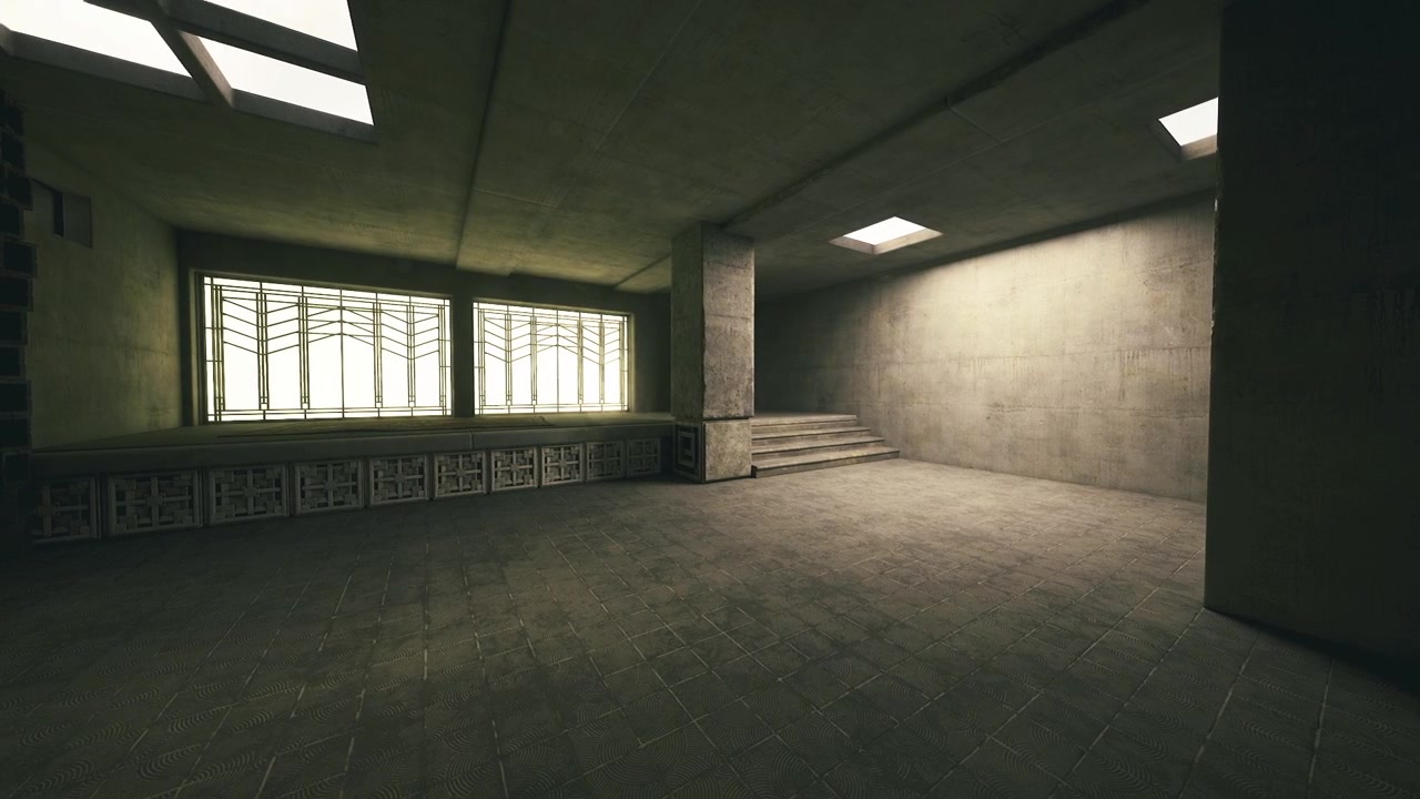 Unlit concrete entrance hall featuring stairs and shadowy lighting effects