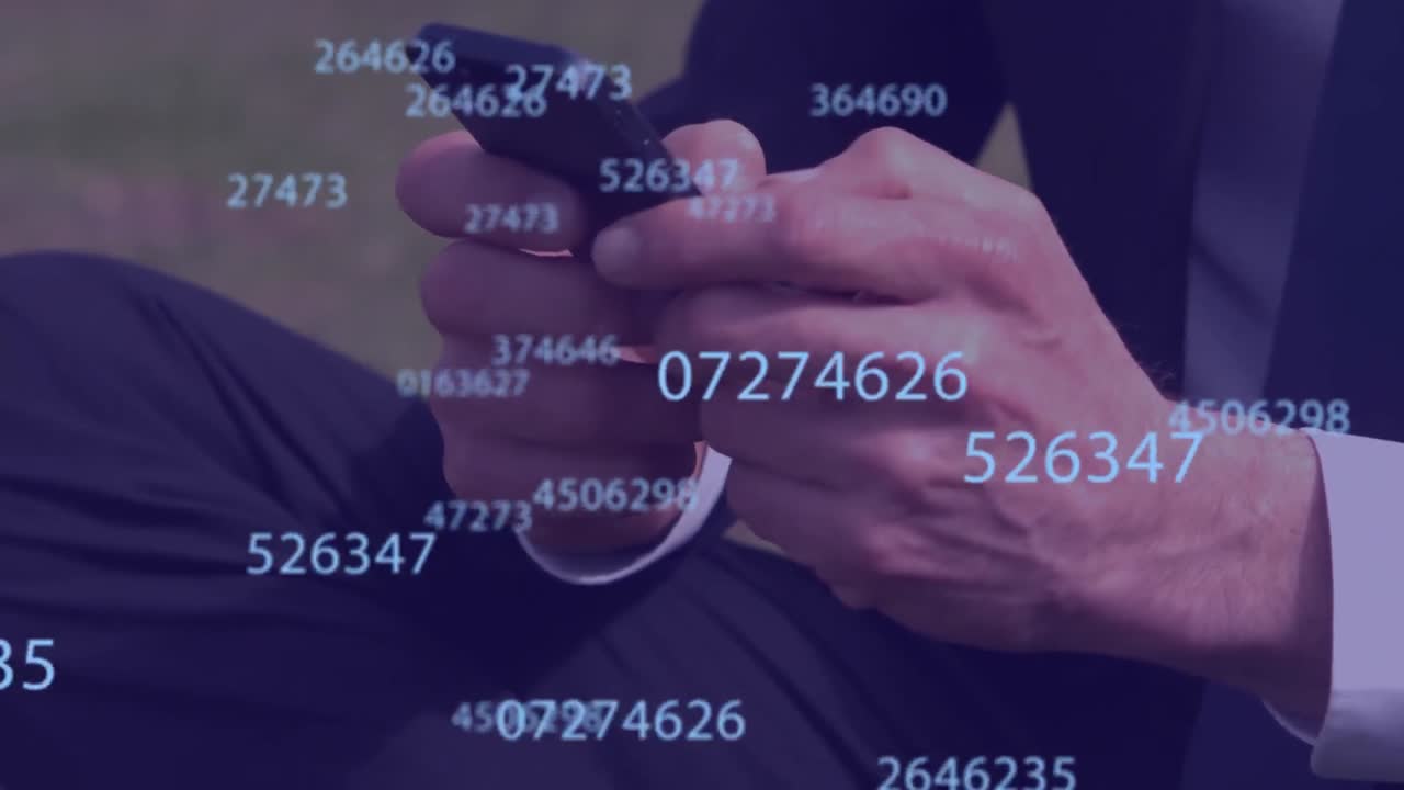 Multiple numbers changing against mid section of man using smartphone
