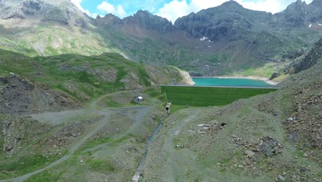 aerial view of ip reservoir track, ip valley, near canfranc in aragon, spain, on a cloudy day