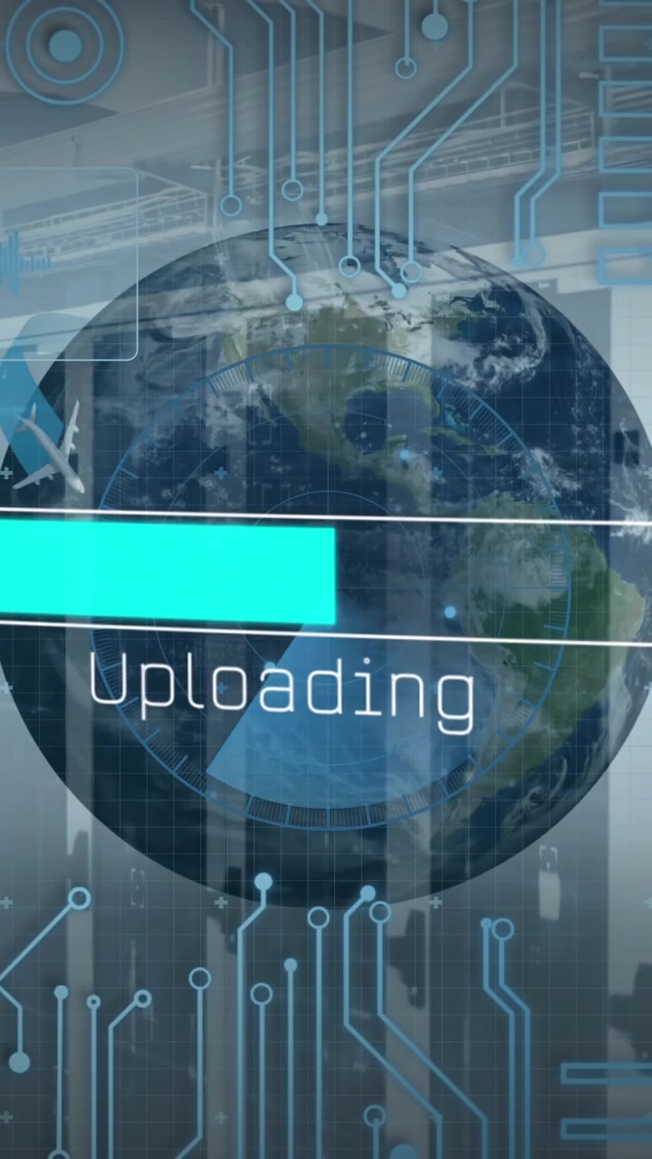 Animation of interface with data processing over spinning globe against computer server room