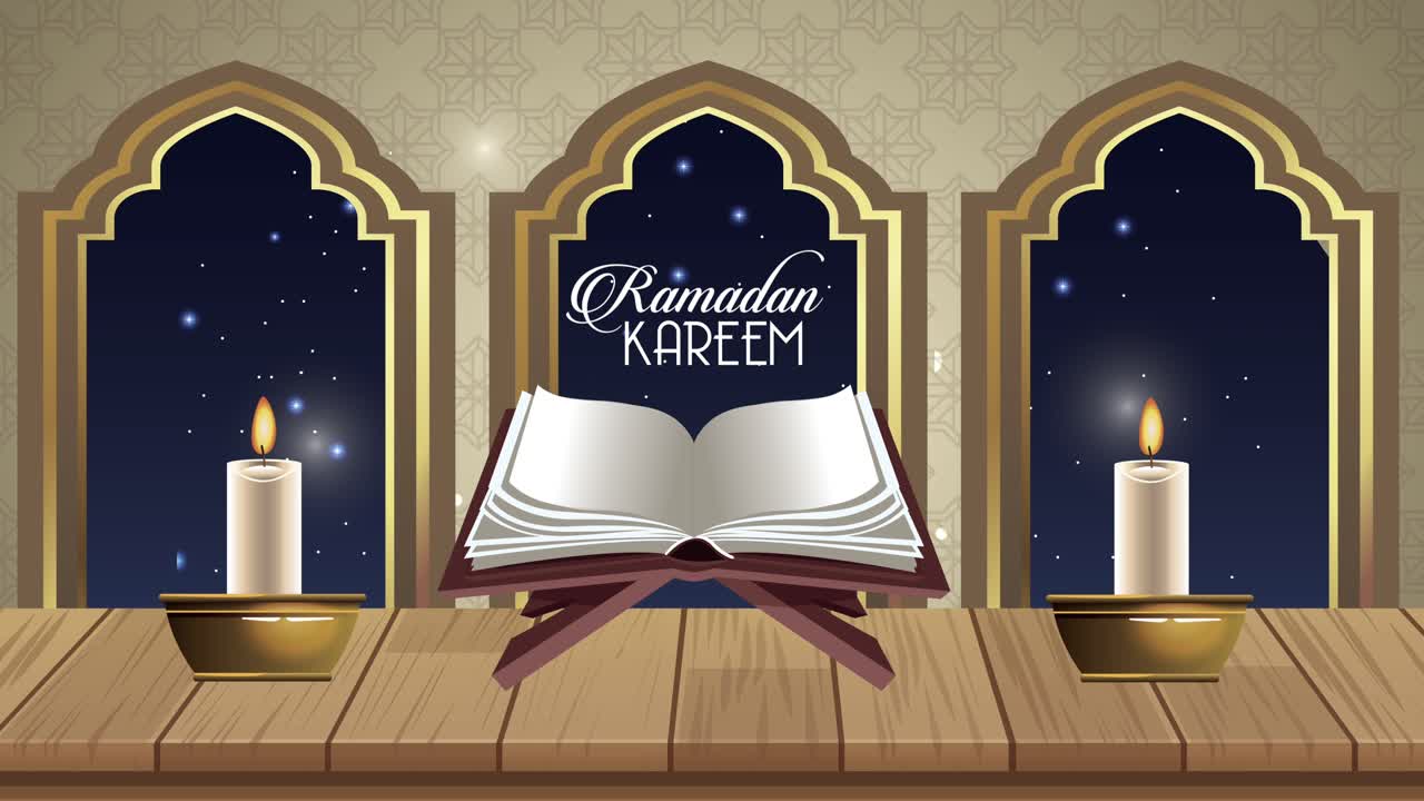 Tulisan Ramadan Kareem dengan Al-Qur'an dan lilin