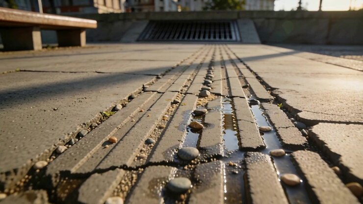 Gliding camera revealing tactile paving grooves, pebbles and puddles at plaza, exposing storm grate
