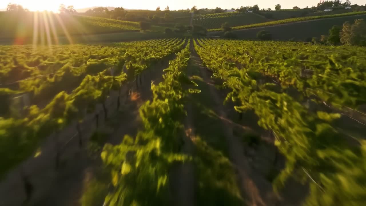 A stunning view of a vineyard during sunset showcases vibrant grapevines stretching across the landscape. The golden sunlight bathes the fields in warmth, highlighting nature's beauty.