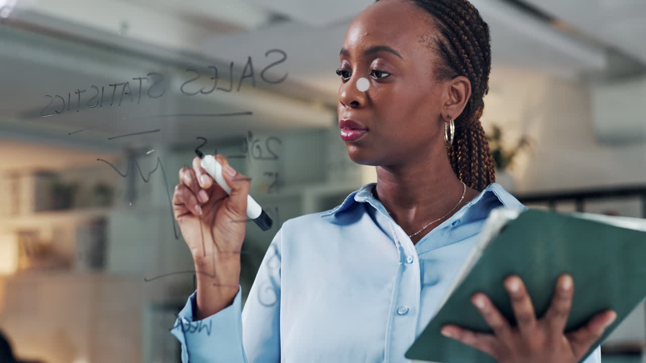 Businesswoman Writing Sales Statistics on Glass Board