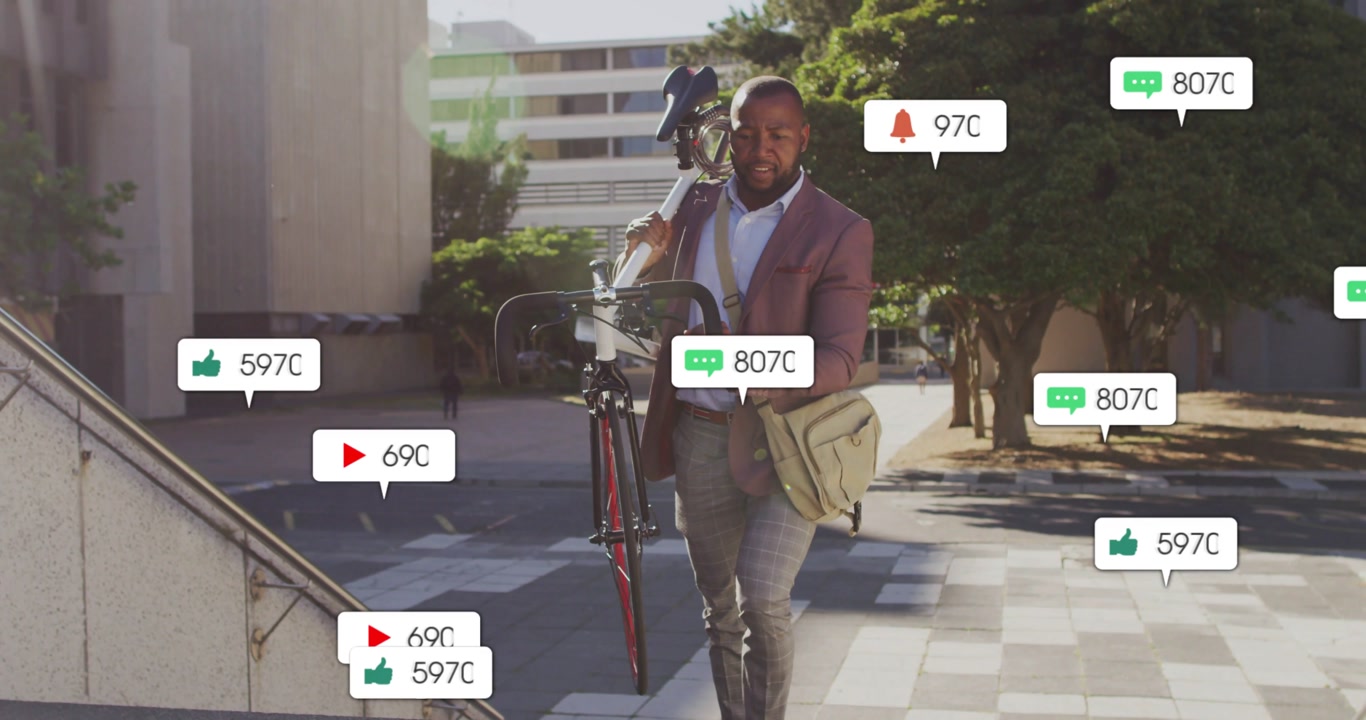 Man carrying bike climbing stairs, lifting bike while badges multiplying, showing marketing impact