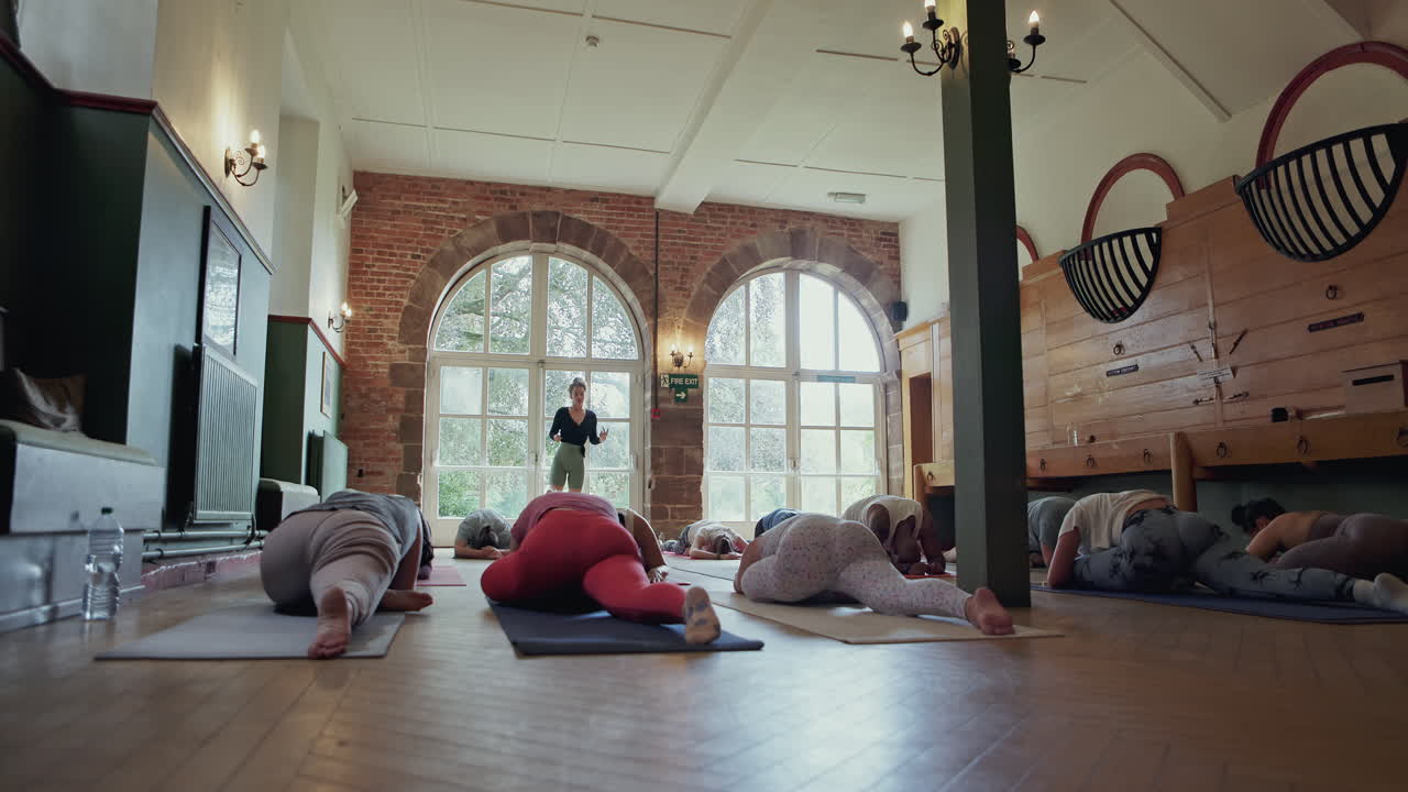 Lezione di yoga in uno studio con un istruttore.