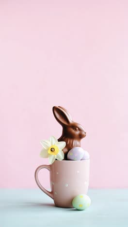 easter chocolate bunny and eggs in a pink mug