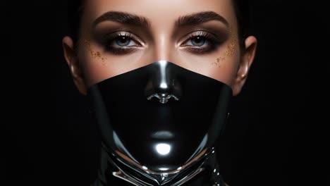 a striking portrayal of a woman with metallic facial covering, showcasing futuristic aesthetics and captivating eye makeup against a dark backdrop, blending beauty with a sci-fi edge