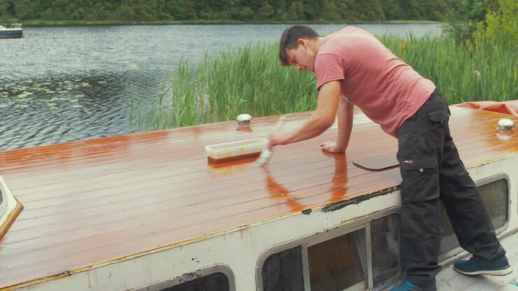 Carpenter varnishes roof of wooden boat with brush on lake