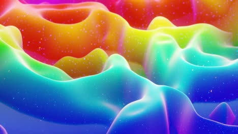 beautiful abstract 3d surface with extrude or displace waves transform in loop. rainbow gradient. soft matte material like sweetness or marmalade with light inner glow, glitters in morphing surface.