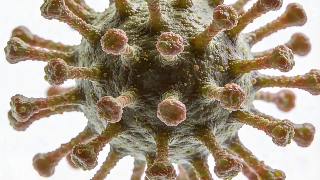 En sekvens som visar ett roterande sfäriskt virion som avslöjar spikar i ett vitt laboratorium och visar en texturerad kärna.