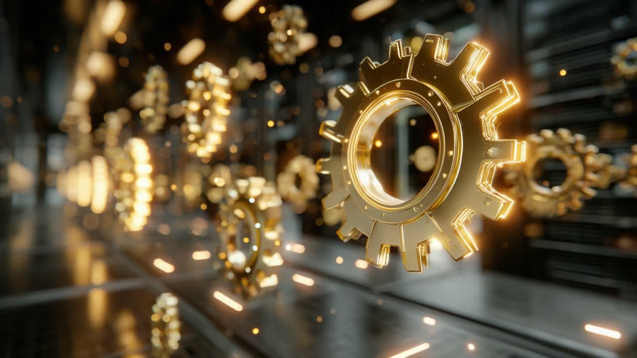 Golden gears floating and moving along a production line in a futuristic factory, symbolizing industrial automation, engineering, and manufacturing process with glowing sparks and reflections