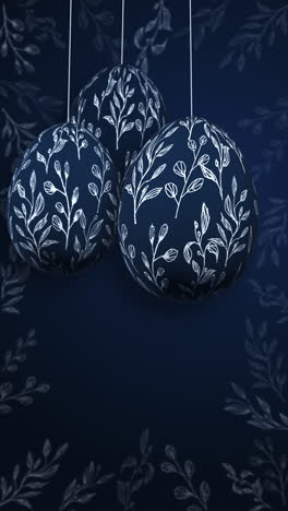 happy easter greeting card with blue background. 3d easter eggs with ornate decoration hanging on ribbons. loop animation. vertical video.