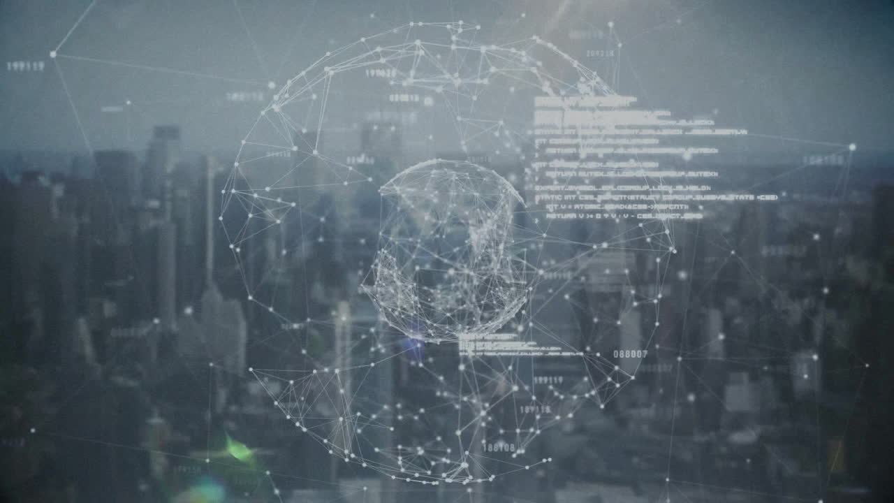 도시 풍경 배경에 대한 연결 네트워크 및 데이터 처리 애니메이션