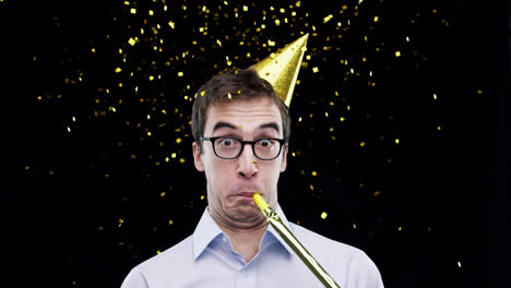 nerd guy wearing party hat confetti shower slow motion party photo booth