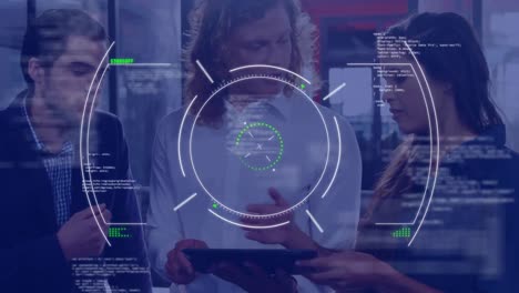 Animation-of-circles,-computer-language-over-diverse-coworkers-discussing-report-on-digital-tablet