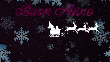 Animation-of-snow-falling-over-santa-claus-in-sleigh-and-buon-anne-text-on-black-backrgound