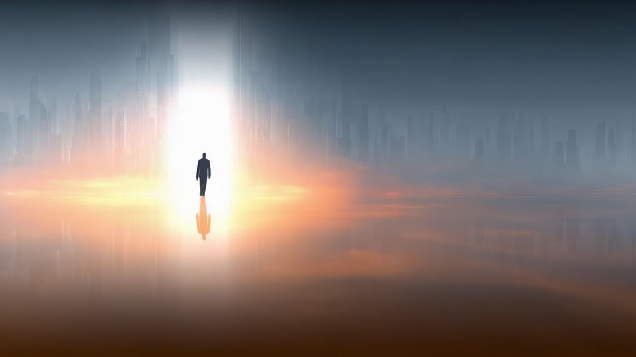 A solitary figure standing at the brink of a radiant portal, symbolizing transition and hope against a backdrop of a blurred, futuristic cityscape