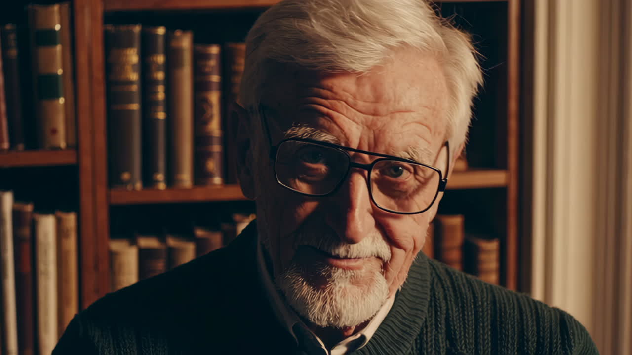 Close-up Portrait of an Elderly Man with Glasses in a Library