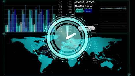 animación del reloj que se mueve sobre los datos y el mapa del mundo sobre fondo negro