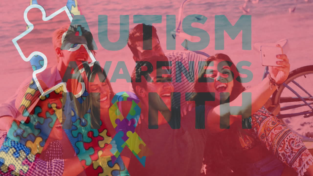 Animation of colourful puzzle pieces heart and autism text over happy friends at summer beach party