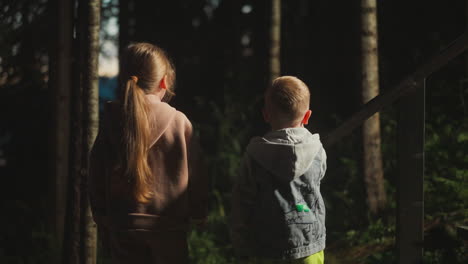 children look at dark forest at resort. thoughtful boy and girl dream about walk in night woods. little kids observe park standing on cottage pouch