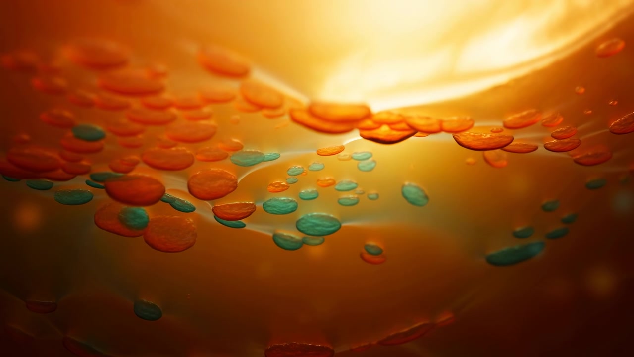Movimento ravvicinato di dischi arancioni traslucidi lucidi e goccioline verde acqua più piccole che si spostano verso l'alto per formare una copertura stratificata sopra superfici di membrana ambra che ondeggiano dolcemente con una forte retroilluminazione e delicata