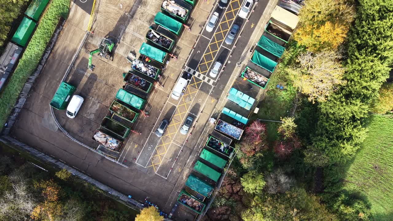 Brentwood Essex UK recycling centre Overhead birds eye aerial view reveal