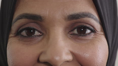 happy muslim woman eyes looking happy expression middle aged female wearing hijab close up