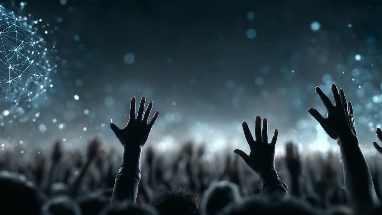 Energetic Crowd with Uplifted Hands and Glowing Background, Capturing the Essence of Unity and Enthusiasm in a Mystical Digital Atmosphere