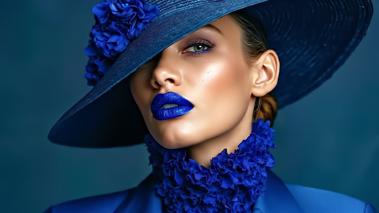A woman wearing a blue hat and blue lipstick