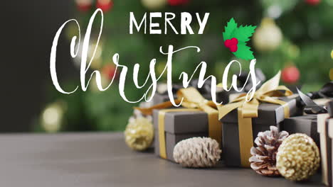 animation of christmas greetings text over christmas presents and decorations